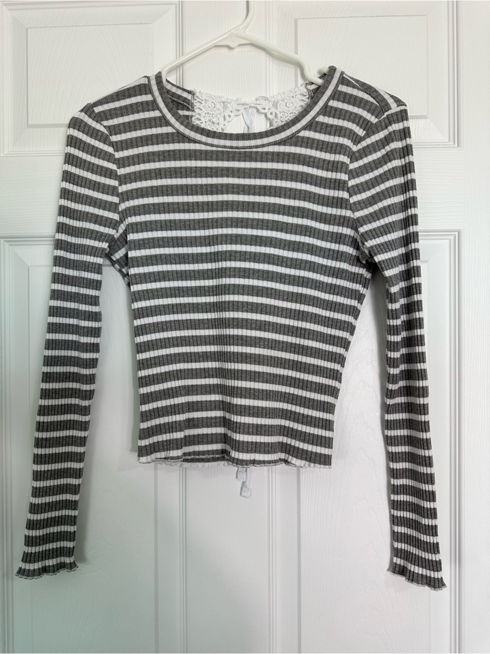 American Rag Gray & White Striped Ribbed Long-Sleeve Top